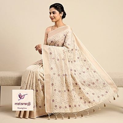 Matarangi Cream Embroidered Tussar Saree