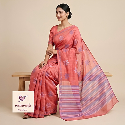 Matarangi Brick Red Embroidered Kantha Chanderi Tissue Saree