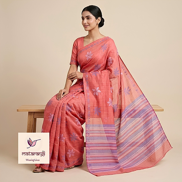 Matarangi Brick Red Embroidered Kantha Chanderi Tissue Saree Matarangi Brick Red Embroidered Kantha Chanderi Tissue Saree