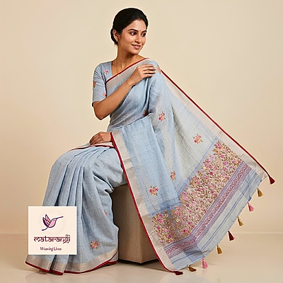 Matarangi Blue Embroidered Linen Silk Saree