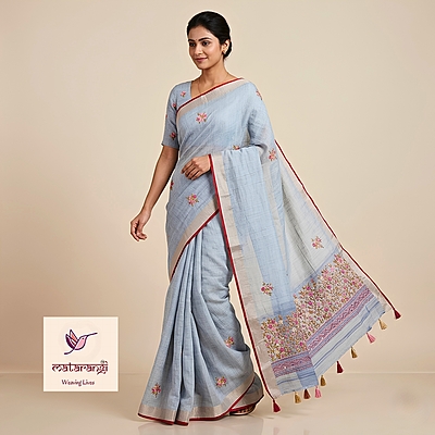 Matarangi Blue Embroidered Linen Silk Saree