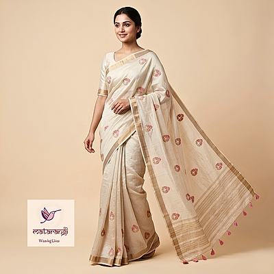 Matarangi Cream Cross Stitch Embroidered Chanderi Tissue Saree