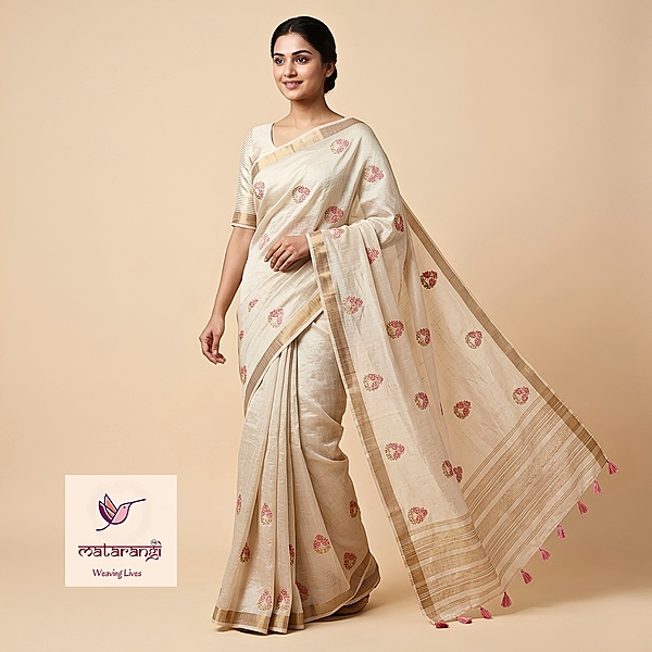 Matarangi Cream Cross Stitch Embroidered Chanderi Tissue Saree Matarangi Cream Cross Stitch Embroidered Chanderi Tissue Saree