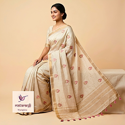 Matarangi Cream Cross Stitch Embroidered Chanderi Tissue Saree Matarangi Cream Cross Stitch Embroidered Chanderi Tissue Saree