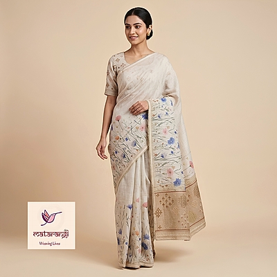 Matarangi Olive Green Printed & Embroidered Linen Silk Saree