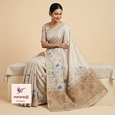 Matarangi Olive Green Printed & Embroidered Linen Silk Saree Matarangi Olive Green Printed & Embroidered Linen Silk Saree