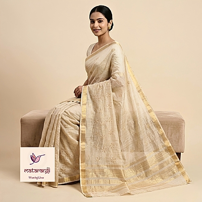 Matarangi Cream Embroidered Kantha Chanderi Tissue Saree