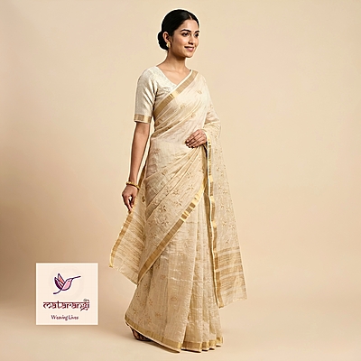 Matarangi Cream Embroidered Kantha Chanderi Tissue Saree Matarangi Cream Embroidered Kantha Chanderi Tissue Saree