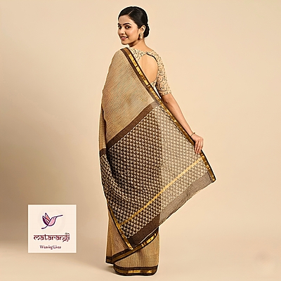 Matarangi Brown Striped Hand Block Printed Organic Kota Saree