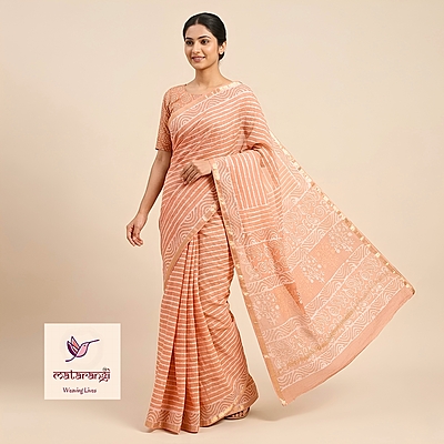 Matarangi Peach Hand Block Printed Organic Kota Saree Matarangi Peach Hand Block Printed Organic Kota Saree