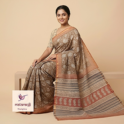 Matarangi Brown Hand Block Printed Organic Kota Saree Matarangi Brown Hand Block Printed Organic Kota Saree