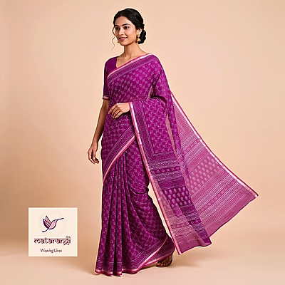 Matarangi Violet Hand Block Printed Organic Chanderi Silk Saree Matarangi Violet Hand Block Printed Organic Chanderi Silk Saree