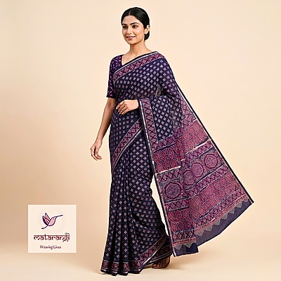 Matarangi Navy Blue Floral Hand Block Printed Organic Chanderi Silk Saree