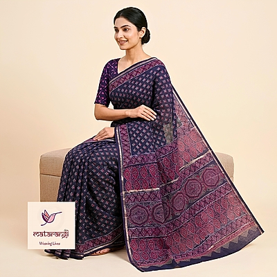 Matarangi Navy Blue Floral Hand Block Printed Organic Chanderi Silk Saree Matarangi Navy Blue Floral Hand Block Printed Organic Chanderi Silk Saree