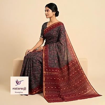 Matarangi Black & Red Hand Block Printed Organic Chanderi Silk Saree Matarangi Black & Red Hand Block Printed Organic Chanderi Silk Saree