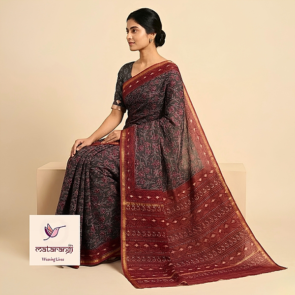 Matarangi Black & Red Hand Block Printed Organic Chanderi Silk Saree Matarangi Black & Red Hand Block Printed Organic Chanderi Silk Saree