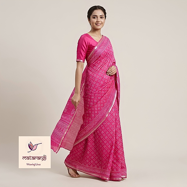 Matarangi Pink Hand Block Printed Organic Chanderi Silk Saree Matarangi Pink Hand Block Printed Organic Chanderi Silk Saree
