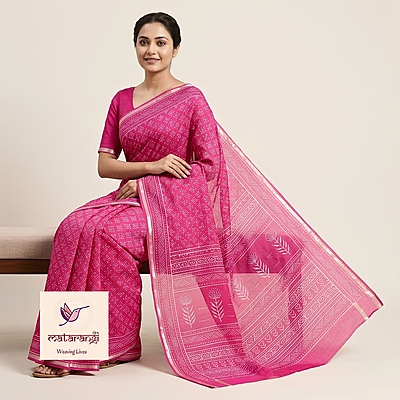 Matarangi Pink Hand Block Printed Organic Chanderi Silk Saree Matarangi Pink Hand Block Printed Organic Chanderi Silk Saree