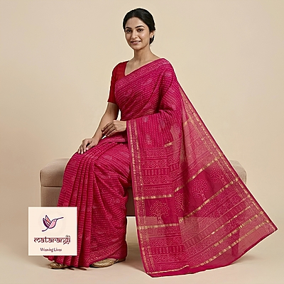 Matarangi Chilli Red Leaf Design Hand Block Printed Organic Chanderi Silk Saree Matarangi Chilli Red Leaf Design Hand Block Printed Organic Chanderi Silk Saree