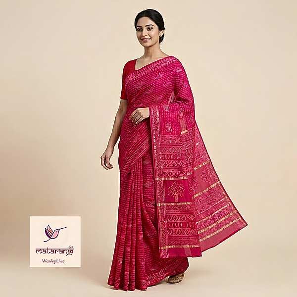 Matarangi Chilli Red Leaf Design Hand Block Printed Organic Chanderi Silk Saree Matarangi Chilli Red Leaf Design Hand Block Printed Organic Chanderi Silk Saree