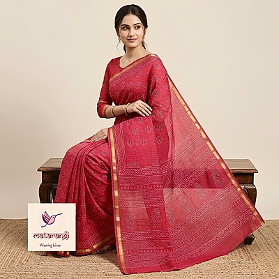 Matarangi Chilli Red Hand Block Printed Organic Chanderi Silk Saree Matarangi Chilli Red Hand Block Printed Organic Chanderi Silk Saree