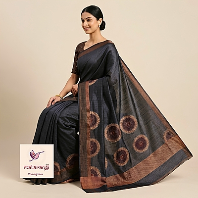 Matarangi Charcoal Black Desi Tussar Saree Matarangi Charcoal Black Desi Tussar Saree
