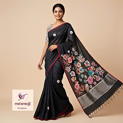 Matarangi Black Chanderi Applique Work Saree