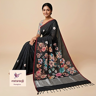 Matarangi Black Chanderi Applique Work Saree Matarangi Black Chanderi Applique Work Saree