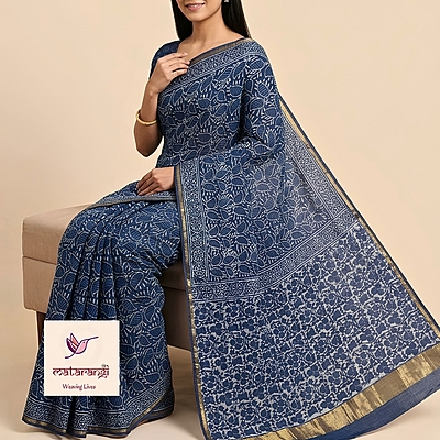 Matarangi Indigo Chanderi Silk Cotton Dabu Print Saree