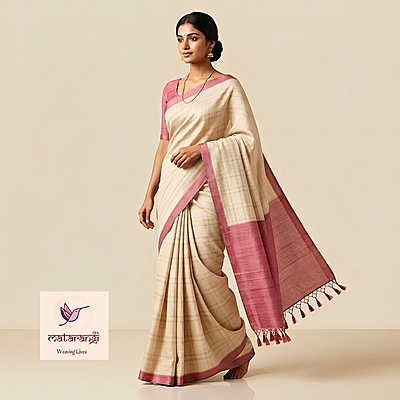 Matarangi Cream & Peach Fibre Tussar Saree