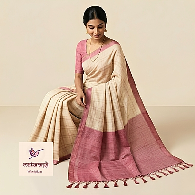 Matarangi Cream & Peach Fibre Tussar Saree Matarangi Cream & Peach Fibre Tussar Saree
