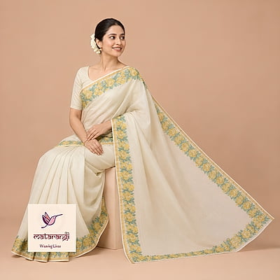 Matarangi Cream Handloom Cross Stitch Kerala Saree (NB)