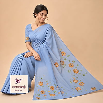 Matarangi Slate Blue Chanderi French Knot Kantha Saree