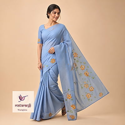 Matarangi Slate Blue Chanderi French Knot Kantha Saree Matarangi Slate Blue Chanderi French Knot Kantha Saree