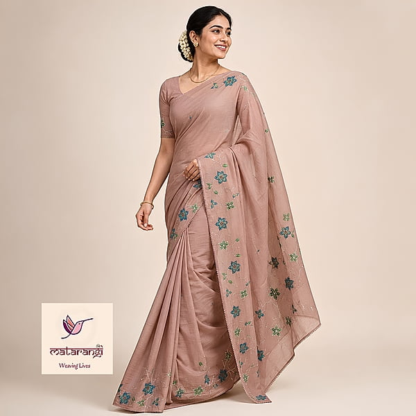 Matarangi Brown Chanderi French Knot Kantha Saree
