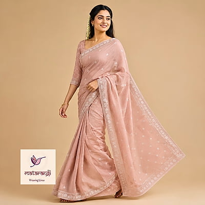 Matarangi Peach Linen Silk Embroidered Saree
