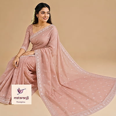 Matarangi Peach Linen Silk Embroidered Saree