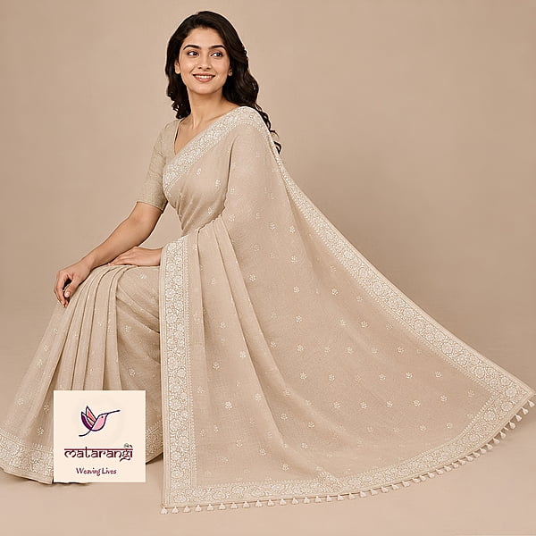 Matarangi Cream Linen Silk Embroidered Saree Matarangi Cream Linen Silk Embroidered Saree