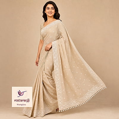 Matarangi Cream Linen Silk Embroidered Saree Matarangi Cream Linen Silk Embroidered Saree