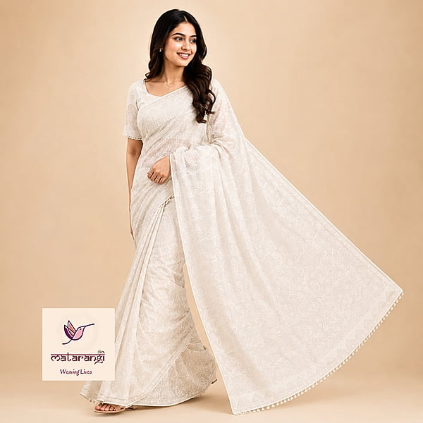 Matarangi Off White Cross Stitch Chanderi Silk Embroidered Work Saree Matarangi Off White Cross Stitch Chanderi Silk Embroidered Work Saree
