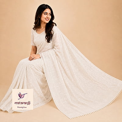Matarangi Off White Cross Stitch Chanderi Silk Embroidered Work Saree Matarangi Off White Cross Stitch Chanderi Silk Embroidered Work Saree