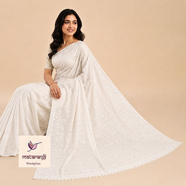 Matarangi Off White Kantha Chanderi Silk Embroidered Work Saree Matarangi Off White Kantha Chanderi Silk Embroidered Work Saree