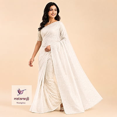 Matarangi Off White Kantha Chanderi Silk Embroidered Work Saree Matarangi Off White Kantha Chanderi Silk Embroidered Work Saree