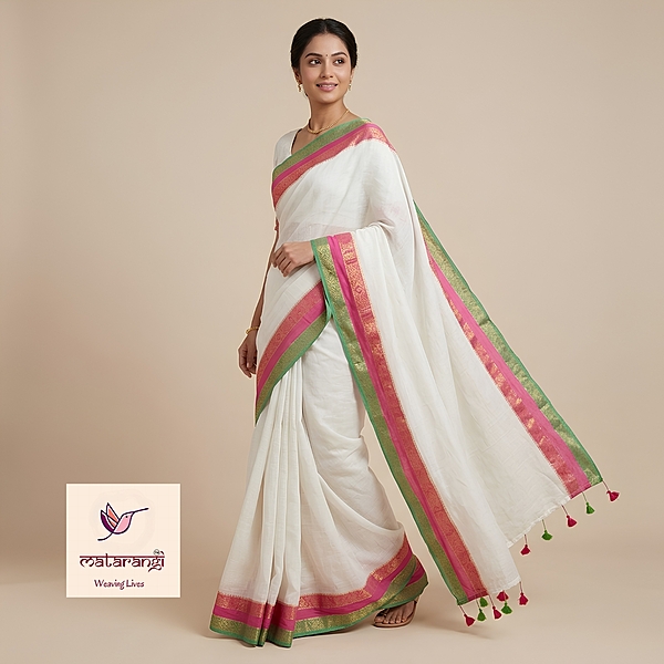 Pink & Green Kanchi Border Pure Mulmul Cotton Saree Pink & Green Kanchi Border Pure Mulmul Cotton Saree