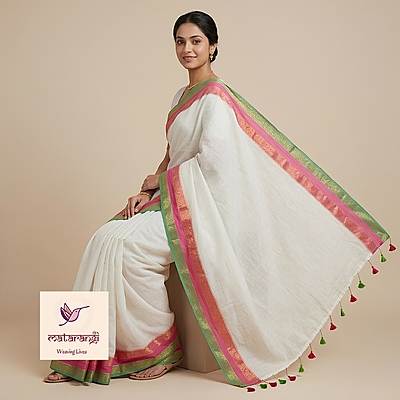 Pink & Green Kanchi Border Pure Mulmul Cotton Saree Pink & Green Kanchi Border Pure Mulmul Cotton Saree