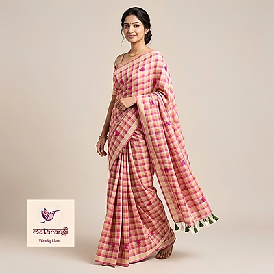 Matarangi Pink & Green Checks Embroidery Saree