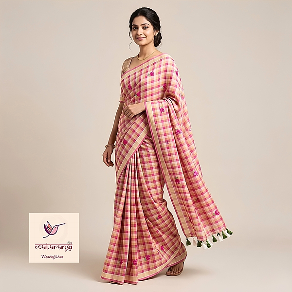 Matarangi Pink & Green Checks Embroidery Saree Matarangi Pink & Green Checks Embroidery Saree
