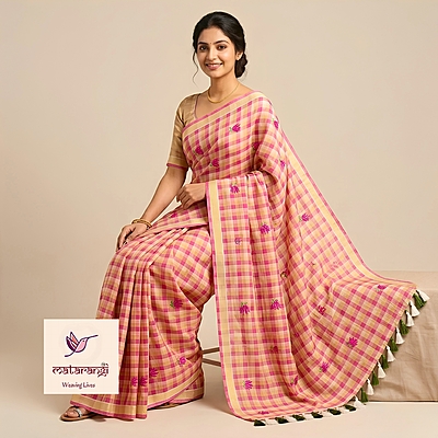 Matarangi Pink & Green Checks Embroidery Saree Matarangi Pink & Green Checks Embroidery Saree