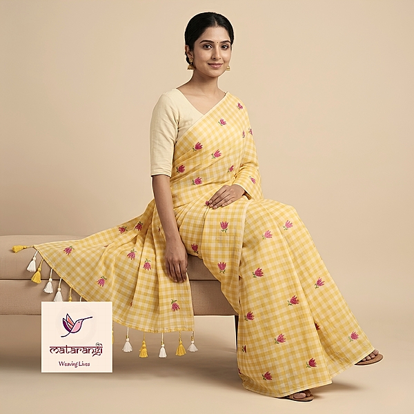 Matarangi Yellow Checks Embroidery Saree Matarangi Yellow Checks Embroidery Saree