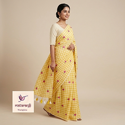 Matarangi Yellow Checks Embroidery Saree Matarangi Yellow Checks Embroidery Saree